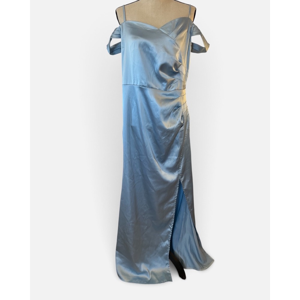 Light Blue Satin Off The Shoulder Maxi Dress XXL Wrap V-Neck Formal Gown Slit